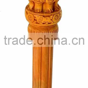 Handicrafts Wooden Ashok Ashoka Stambh Stoop Pillar National Emblem India Wood Carving Statue thumbnail-2