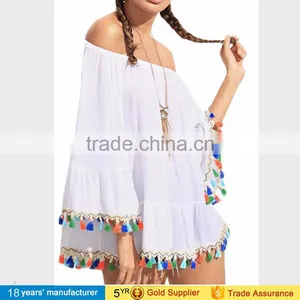 Boat Neck Long Sleeve Ruffle Loose Blouse White Plus Size off Shoulder Summer Beach Boho Blouse for Women 2017 thumbnail-2
