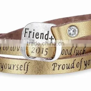 Hot Sale 2015 Leather Wrap Bracelet Custom Logo Letter Words Hand-stamped Leather Bracelet CZ Stone Pave Leather Wrap Bracelet thumbnail-2