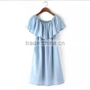 EY0565A 2015 New Style Women Falbala Pure Color Easy Cowboy Dress thumbnail-3