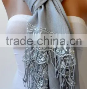 Silver Gray French Lace Light Gray Pashmina Shawls Soft Lightweight Scarf Bridesmaid Pashmina Women Wedding Trend Feminine Gifts thumbnail-6