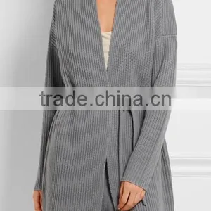 Light Grey Slips On Wool and Cashmere Blend Cardigan With Thin Waist Rope thumbnail-2
