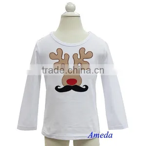 Boys Christmas Mustache Reindeer White Long Sleeves Tee 1-7Y thumbnail-1