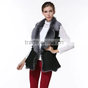 New Arrival 2016 Fashion Winter Black With Grey Fur Leather Waistcoat thumbnail-2