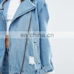 Fashionable Womens Baseball Coat Trendy Denim Motorcycle Jacket thumbnail-4