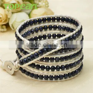 Topearl Jewelry Blue Sandstone Fashion Bracelet Woven Leather Wrap Bangle 33.5 Inches CLL138 thumbnail-3