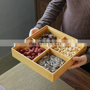Wooden Tea Tray Snack Container Bamboo Square Table Top Multi Partition Storage Box With Lid thumbnail-1