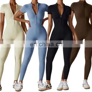 Custom Activewear Quick Dry Breathable Zipper Short Sleeve Leggings Jumpsuit Workout Rompers Jumpsuits Playsuits Bodysuits thumbnail-3