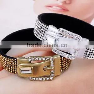 Trendy Women's Crystal Buckle Bracelet Leather/ thumbnail-5