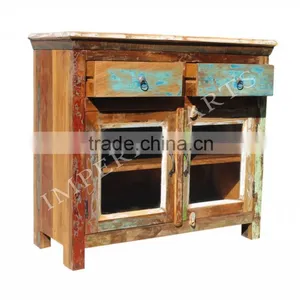 INDIAN RECYCLE GLASS WOOD 2 DRAWER SIDE BOARD thumbnail-4