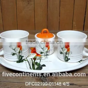 Chinese Ink Decal Ceramic 2 Cups and Sugar Jar With a Oval Tray Breakfast Set Cups thumbnail-1