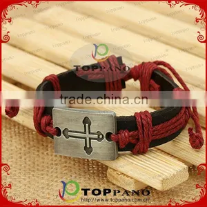 Top Quality Vintage Style Red and Black Stainless Steel Charm Genuine Leather Bracelet for Men thumbnail-1