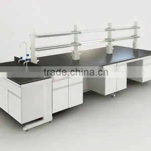 Heavy Duty Sheet Metal & Plywood Biology Lab Central Fabrication Work Table With Reagent Rack thumbnail-1