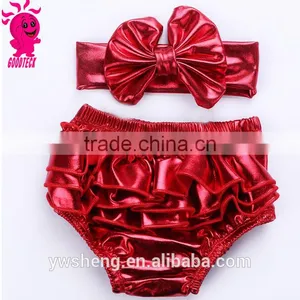 Infant Baby Solid Gold Metallic Bloomer Shorts Ruffle Girls Bloomer With Headband Set thumbnail-5