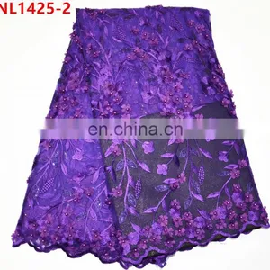 2017 Sky Blue African Lace Fabrics Tulle Beaded Lace , Leaf Design Sequins French Net Lace Fabric thumbnail-3