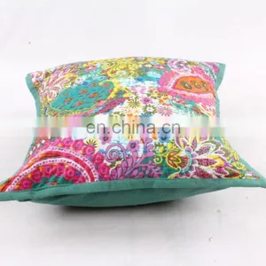 Green Floral Indoor & Outdoor-Indian Kantha Cushion Covers Indian Hand-stitched Kantha Pillow Kantha Pillow Covers Art thumbnail-3