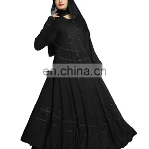 Women's 2017 Umbrella Style Burkha Abaya With Black Diamond Stone Work And Chiffon Scarf (Islamic Wear thumbnail-5