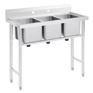 Stainless Steel Three-bowl Commercial Sink, Multi-purpose Sink for Kitchen Worktops, Suitable for Restaurants, Bars, Home Laundry Rooms, Garages. thumbnail-1