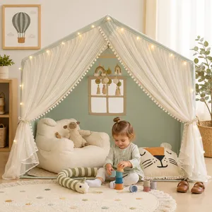 Kids Play Tent With Padded Mat, Kids Tents Indoor Playhouse for Toddler, Large Princess Castle Pompoms Play House Tent thumbnail-2