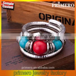 Hot Jewelry Tibetan Silver Bracelet Turquoise Inlay Roundness Bead Adjust Bangle thumbnail-1
