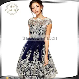Chinese Clothing Manufacturers Metallic Lace Midi Prom Dress With Bardot Neck thumbnail-1