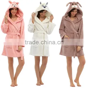 Ladies Dressing Gown Hooded Fleece Robe With Embroidered Animal Ears thumbnail-1