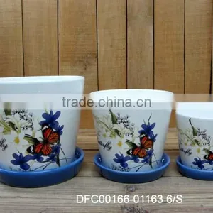 Butterfly and Flower Decal Ceramic Flower Planters Pots With Blue Tray for Garden thumbnail-1
