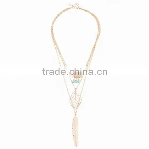 Latest Fancy Design Necklaces Jewelries Bohemia Style Three Tiny Turquoise Hollow Leaf Long Feather Multi Layer Necklaces thumbnail-4