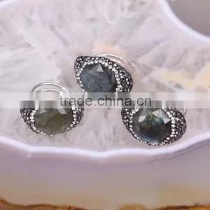Natural Labradorite Ring, Metal Plated Silver Ring, Pave Setting Crystal Jewelry Finger Druzy Gem Stone Ring thumbnail-1