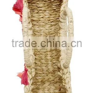 Red and Pink Tassels Pompom Vietnam Water Hyacinth Beach Bag thumbnail-3