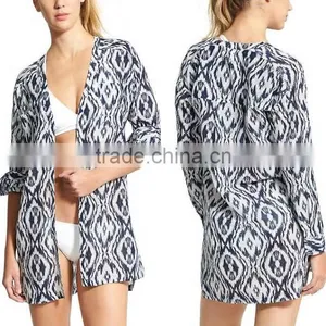 Swim Cover Up Women Lightweight Cotton Button-Down Shirt Dress Printed Kaftan Casual Long Sleeve Beach Wear Cover Up thumbnail-1