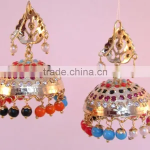 JADAU GOLD PLATED Dangler MULTICOLOR JHUMKA TEMPLE EARRINGS thumbnail-3