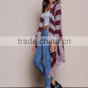 MGOO OEM Custom Burgundy Fringe Cardigan Mohair Striped Outwear Koreas Style Tassels Asymmetric Sweaters thumbnail-4