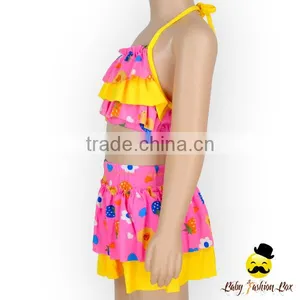 Hot Sale Children Bright Ruffle Blue Cake Design Little Girl Swimwear Beach Clothes Top Wrap Chest thumbnail-4