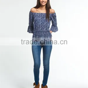 2017 Guangzhou Shandao Latest Fashion Summer Design 3/4 Flare Sleeve Round Neck Printed Loose Ladies Chiffon Tops thumbnail-2