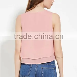 2016 Guangzhou Shandao Oem Service Summer New Design Casual Plain Dyed Sleeveless Double Layer Women Chiffon Tops thumbnail-3
