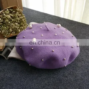 2017 Fashion Woman Spring Pearl Wool Beret Hat thumbnail-3
