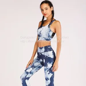 Women 2 Two Pieces Yoga Crop Tank Top Strappy Bra and High Waist Leggings Sports Outfit Workout Suit Set thumbnail-1