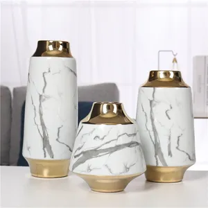 White Marbling Ripple Electroplate Gold Modern Ceramic Flower Vase Decoration Art For Showroom thumbnail-1