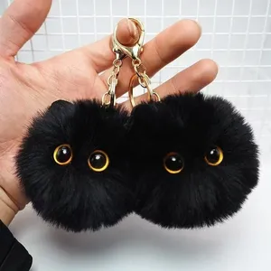 Cute Black Faux-fur Cat Face Pompom Keychain thumbnail-5