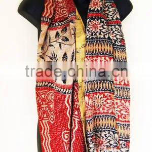 Printed Kantha Stole Silk Scarves Woman's Hand Block Kantha Scarves thumbnail-1