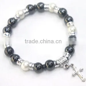 Non-magnetic Hematite Bracelet With Cross,beaded Stretch Bracelet With Cross,catholic Dead Rosary Bracelet thumbnail-1