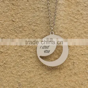 Stainless Steel I Love You Engraving Moon and Heart Pendant thumbnail-3
