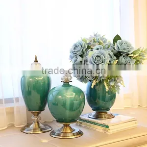 Crackle Glaze Glossy Blue Set of 3 Ceramic Vase thumbnail-1