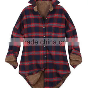 Fleece Jacket Men Women Checkered Plaid Sherpa Lined Flannel Long Shirt Sherpa Fleece Fabric Jacket thumbnail-5