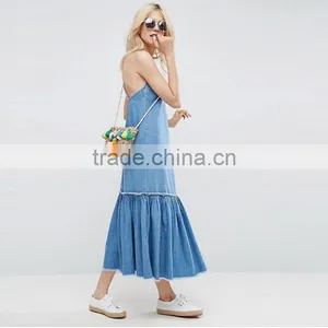 2017 Summer V Neck Cross Back Straps Maxi Long Denim Dress Woman HSD9982 thumbnail-3