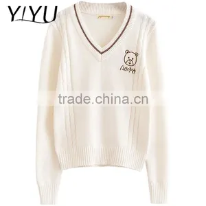 Korea Style Girl White Sweet V-neck High School Uniform Pullover Sweater thumbnail-1