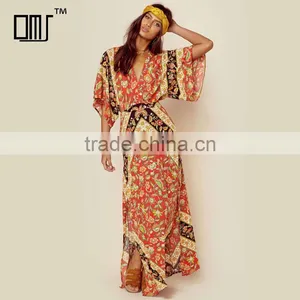 Bat Sleeve Printed Ethnic Clothing Women Kaftan Open Back Design Maxi Dress thumbnail-1