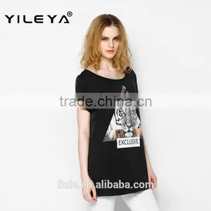 Latest Summer Fashion Long Style Tiger Pattern Print Women t Shirts Cheap, Cotton t Shirts With Transparent Back thumbnail-2