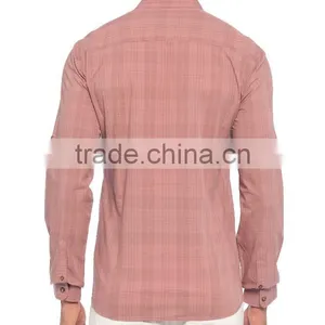 Pink Check Super Skinny Sheer Long Sleeve Buttonless Khaki Men Shirt thumbnail-2